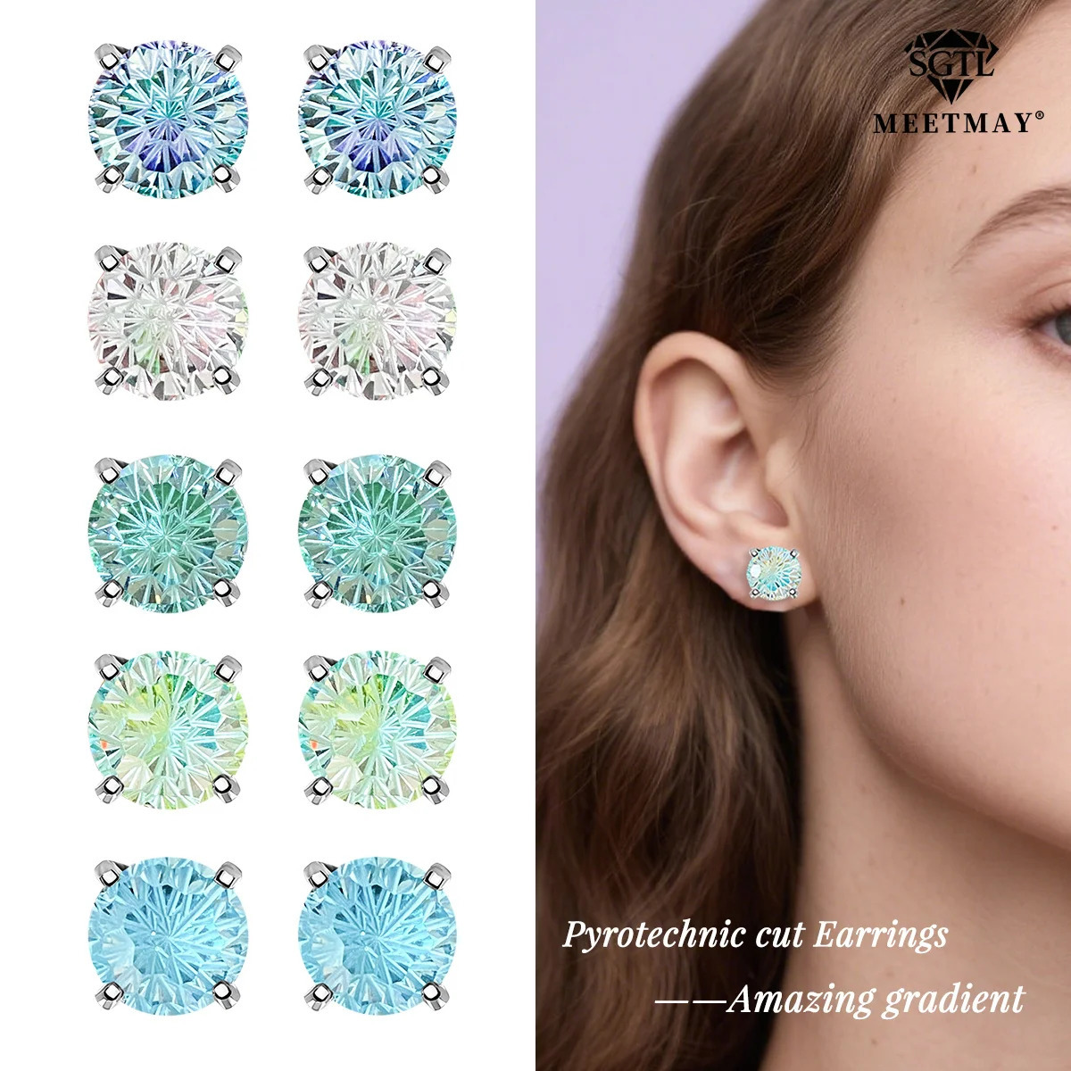 S925 sterling silver gradient Paraiba color Pyrotechnic cut Cubic Zirconia earrings for women fine jewelry simple classic 260624