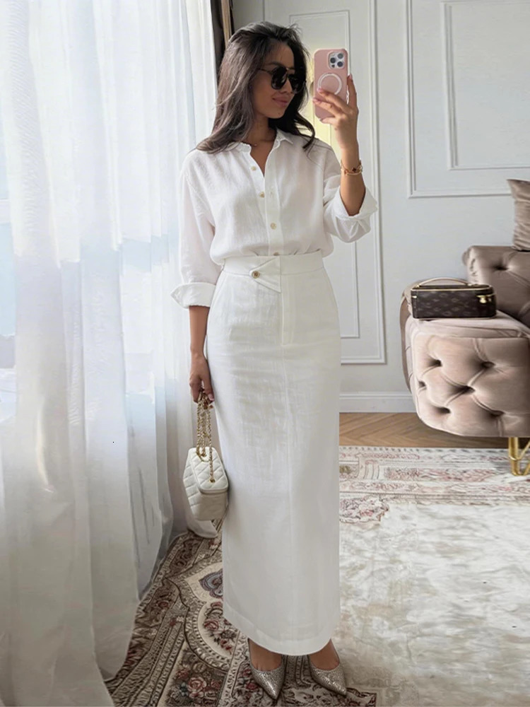 Camicia a maniche lunghe con bottoni Gonna lunga Set due pezzi Vita alta Vestibilità ampia 2026 Vestito da donna minimalista chic primaverile per le