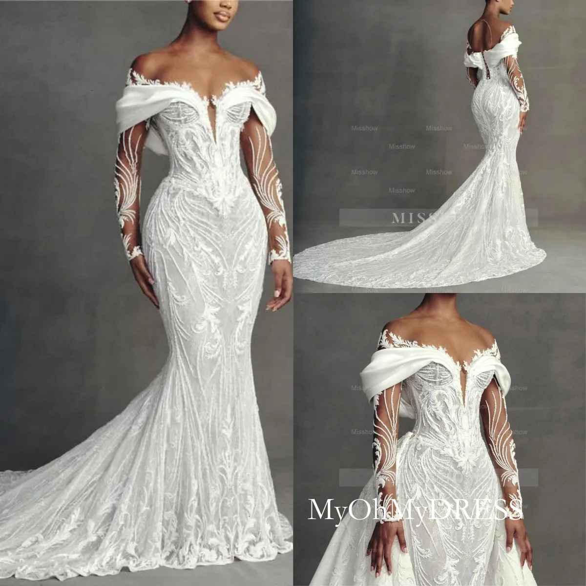 Elegant Sheer Long Sleeves Lace Mermaid Wedding Dresses With Detachable Overskirt Illusion Tulle Applique Ruched Court Train Bridal Gowns Custom Mad