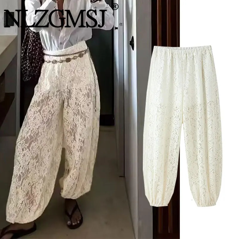 Nlzgmsj 2026 Spring Summer Casual Chic lace Women Lantern Pants Fashion Loose Elastic Waist Hollow Out Trouser 260623