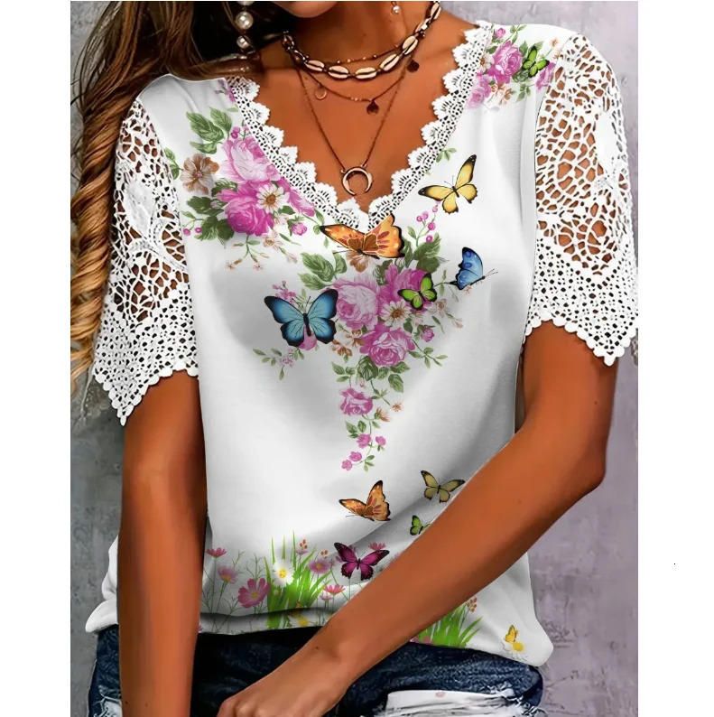 Boho Flower Blouses Womens Fashion Shirt VNeck Short Sleeve Print Tops Casual Loose Ladies Floral Lace 260623