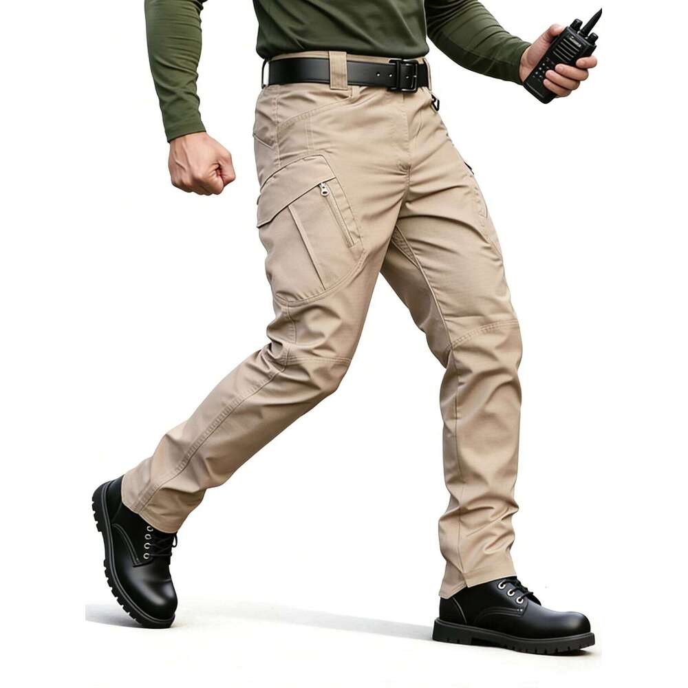 Khaki Tactical Cargo Work Pants for Men, Durable Ripstop Multi Pocket Outdoor Hiking Pants, Water Resistant Utility Trousers W260624