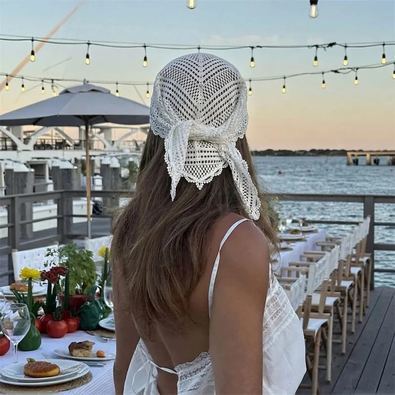 y Hollow Out Lace Scarf Embroidery Thin Hair Headband Vintage Solid Color Triangular Beach Vacation for Women 260623