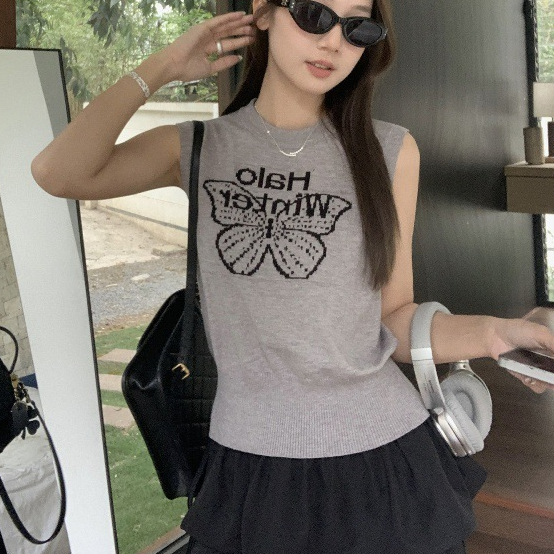 Women'S Butterfly Letter Jacquard Vest Women'S Korean Style Vest For Daily Wear Chic New Spring Summer Slim Fit Sleeveless Knitted Short T