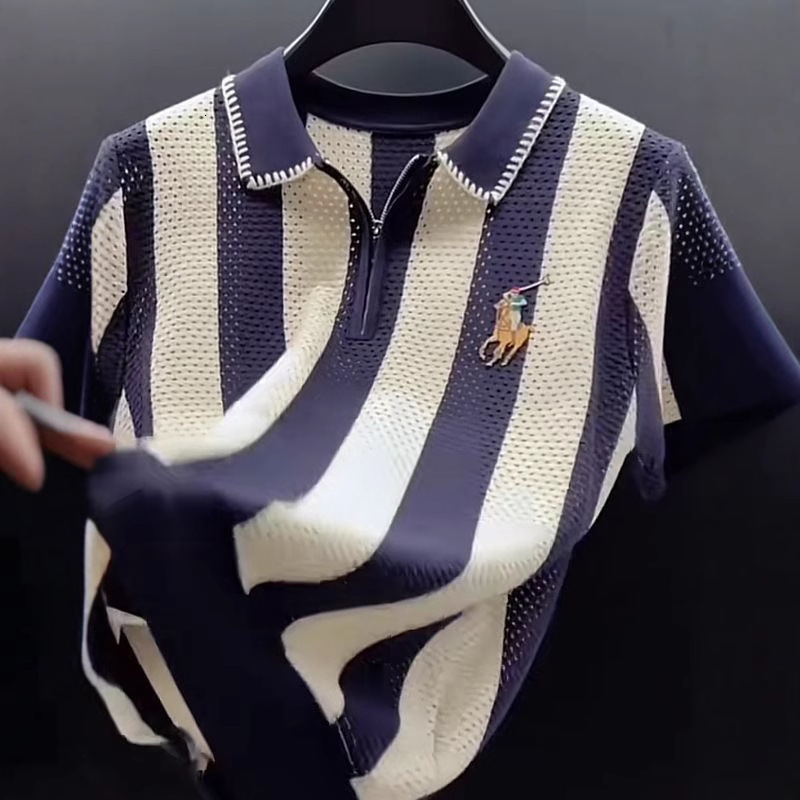 2025 Hollow Striped Polo Shirt, Summer Ins European Style, Top Luxury Design, Niche Color-Blocking Versatile T-Shirt Summer Short Sleeves Men Tops P