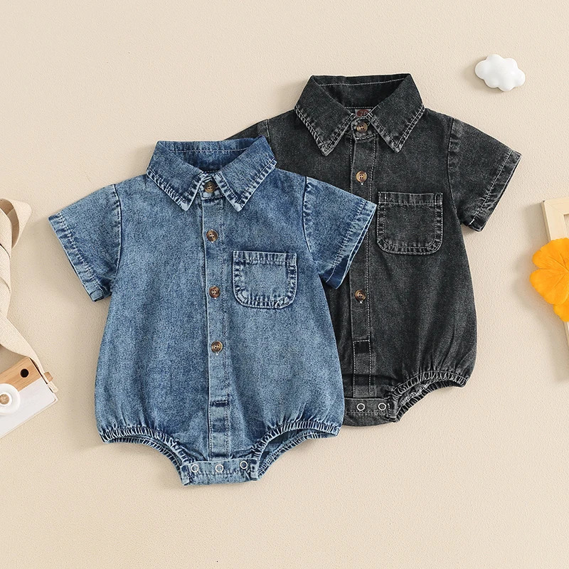 Infant Boys Girls Denim Rompers Solid Color Short Sleeve TurnDown Collar Buttons Baby Summer Jumpsuits Casual Bodysuits 260623