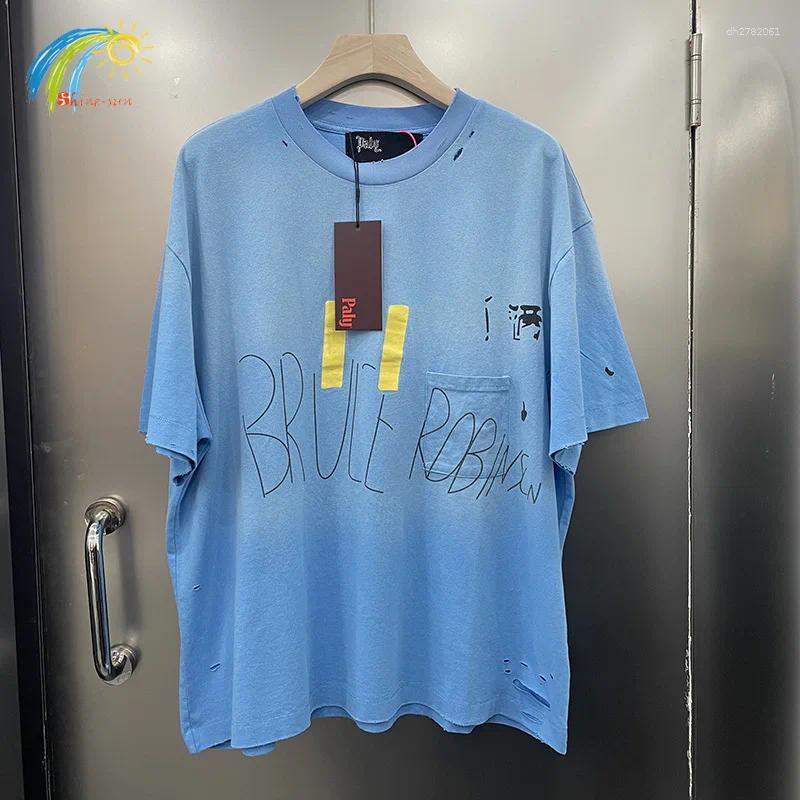 Men's T Shirts 2026 Style Vintage Washed Blue Letters Graffiti Paly Shirt Men Women Unisex Couple Damaged Hole T-Shirt Oversized Tee