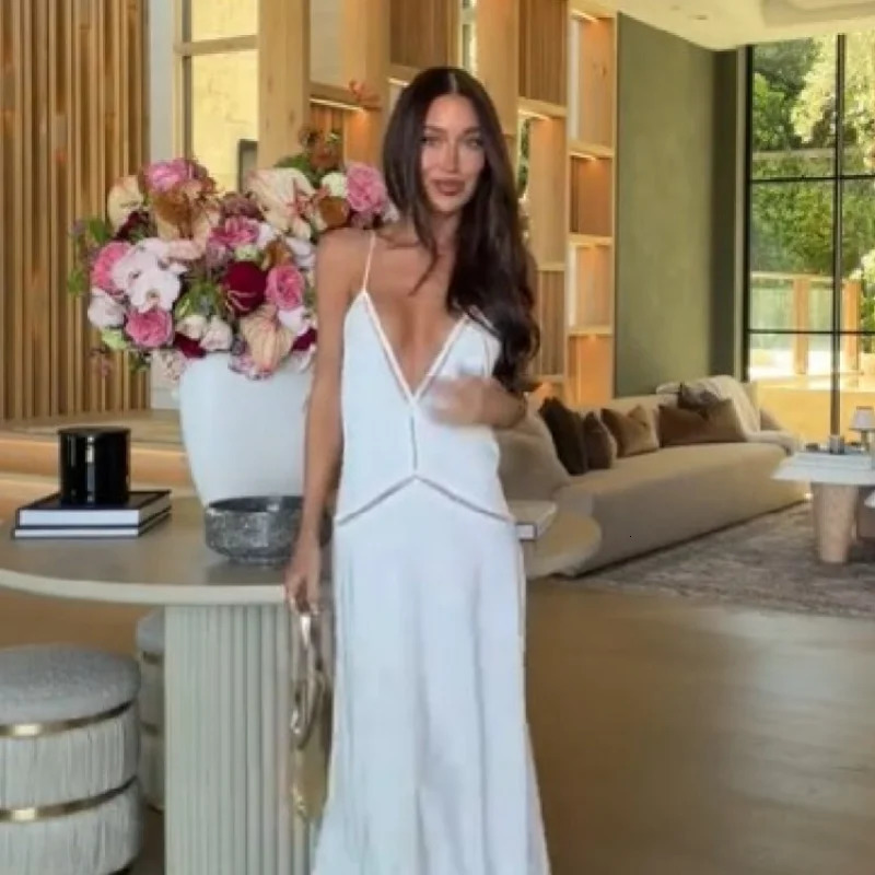Elegant White Deep V Neck Spaghetti Strap Maxi Dress Women Waist Cutout A-Line Long Dress 2026 Summer Beach Vacation Party Robe 260623