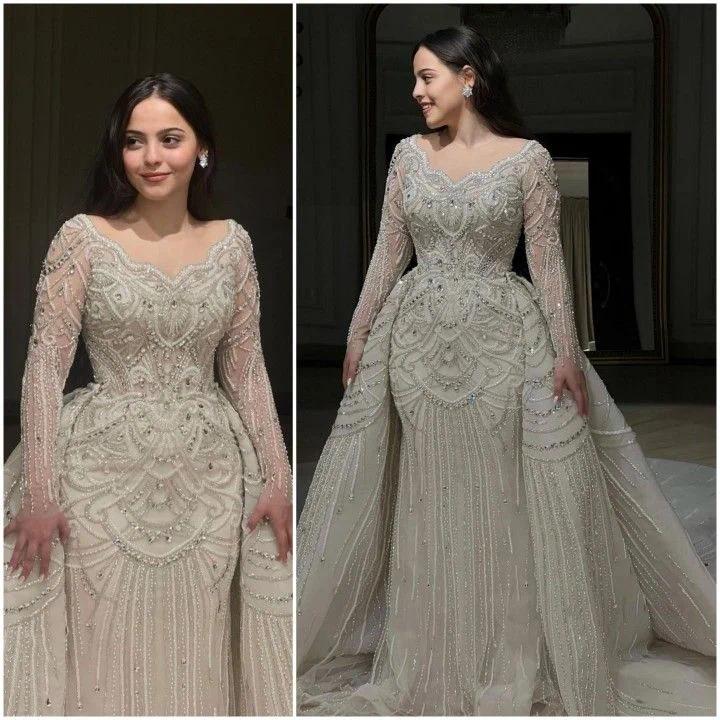 Luxury Lace Crystal Beading Mermaid Wedding Dresses Sweetheart Long Sleeves And Detachable Trailing Bridal Gown Custom made