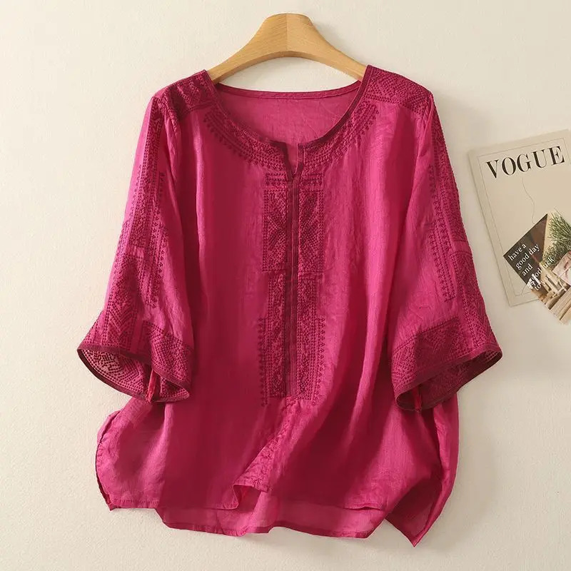 Summer Retro Blouse Cotton Linen Embroidery Womens T-shirt Loose Pullover Tee O-Neck Thin Shirt Three-quarter Sleeves Top 260623