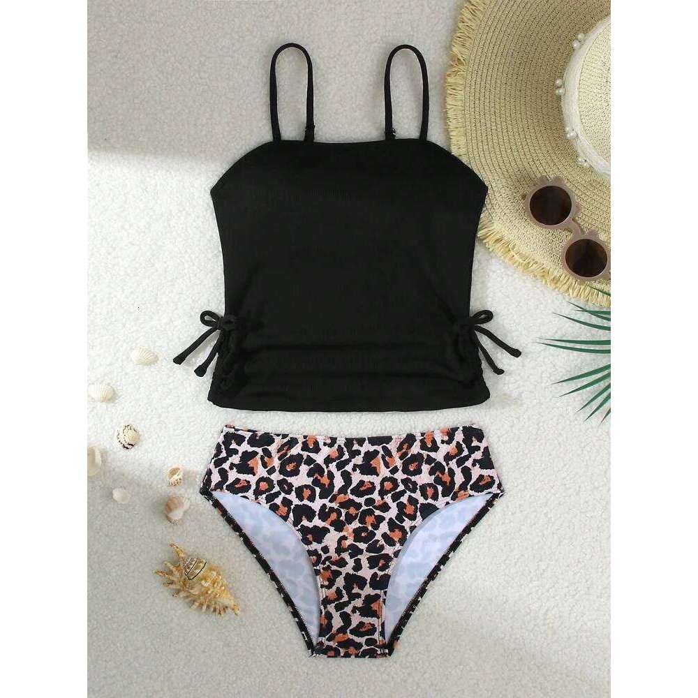 Girls Kids Swimsuit 2026 New Solid Leopard Sling Bikinis Set Children Swimwear Summer Two Piece Beachwear Bathing Suit Swimming W260624