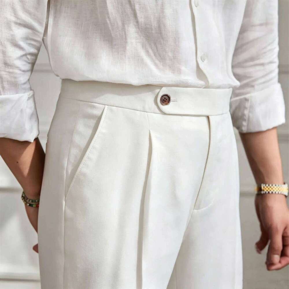 100% Linen Italian Naples Men High Waist Straight Suit Trousers Spring Summer Fashion Lightweight Breathable Casual Pants W260624