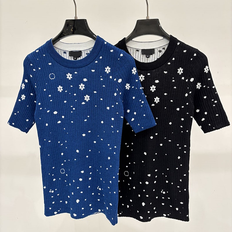 Designer Floral Knit Tee Women Luxury Slim Fit Stretch Knit T Shirts Summer Elegant Party Vacation Knitwear