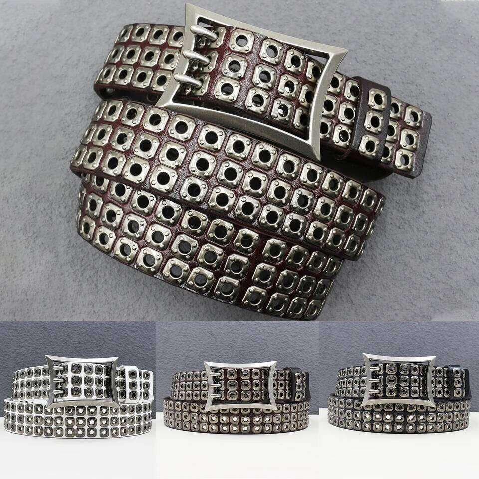 Rock Genuine Leather Luxury Punk Jeans Heavy duty Hollow manual Designer Brand Men Rivet Three-pin buckle Belt Male 26Y0624