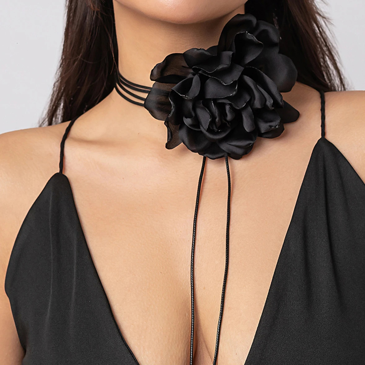 Ingemark Exaggerated Elegant Big Rose Flower Clavicle Chain Necklace Women Kpop Adjustable Bowknot Rope Choker Y2K Accessories260624