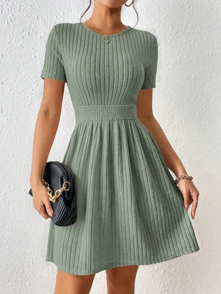 Fashionable Casual Solid Color Ribbed Waist Knitted ALine Dress Arrival Comfortable Elegant Womens Clothing 260624
