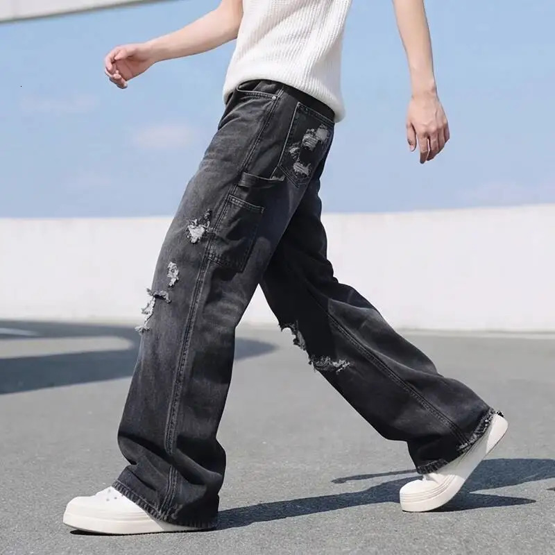 IEFB American Retro Mens Ripped Jeans Slightly Flared Summer Stacked Denim Pants High Street Washed Black Grey Trousers 9X3797 260618