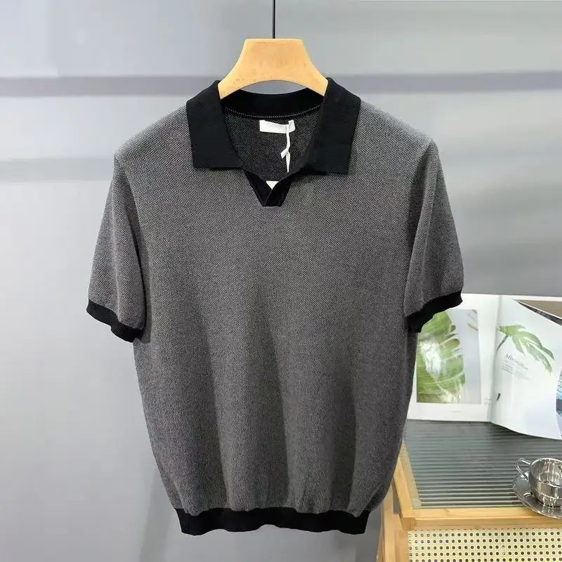 Spring Summer Mens Knitted Polo Shirt Casual Splicing Color Turn-down Collar Solid Short Sleeve Tees Shirt For Male y Tops 260623