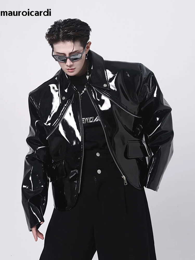 Mauroicardi Spring Autumn Cool Loose Short Black Shiny Reflective Patent Faux Leather Jacket Men Zipper Clothes 260622