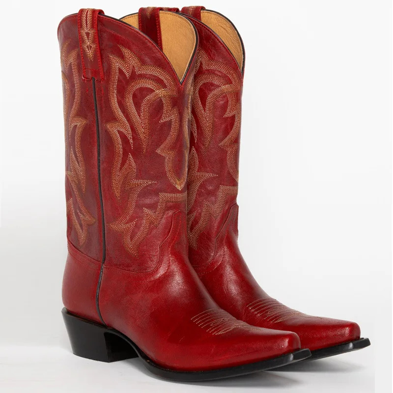 Big Red Black Pu Cowboy Boots for Women Pointed Toe Mid-Calf Embroidered Chunky Heel Boot Female Autumn Winter Shoes Large 260623