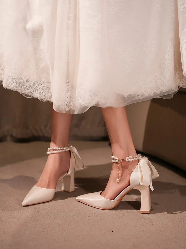 Womens French Satin Pearl Block Heel Pumps Pointed Toe Ankle Strap Bow Elegant Shoes Mary Jane Wedding Bridal Heels 260622