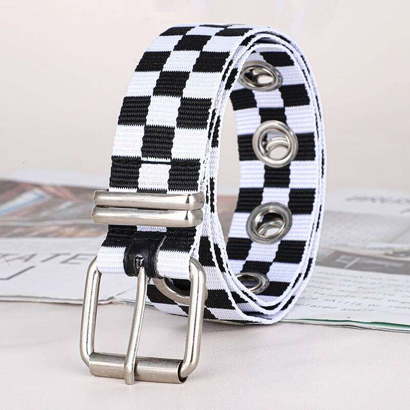 Men's Women's Black & White Checkerboard Belt with Eyelets, Punk Waist Strap for Jeans Dresses Casual Streetwear Accessory 26Y0624