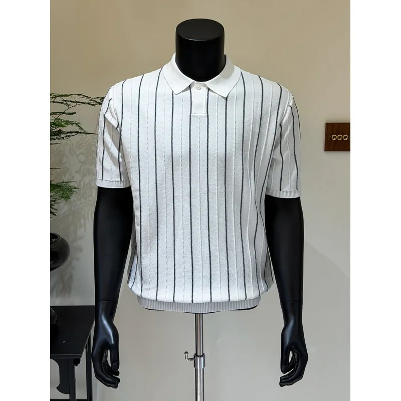 Classic British Style Mens Striped Knitted Polo Shirt Fashion Slim Fit Short Sleeve Business Casual Tshirts Men Clothing 2026 260623