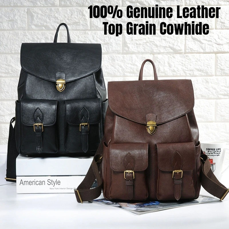 Genuine Leather Backpack for Women Top Grain Cowhide Large Capacity Vintage Travel Rucksack School Casual College Daypack 260615