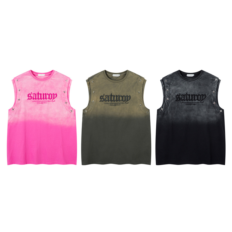 American Retro Washed Vintage Gradient Men's Tank Tops Summer Hip Hop Loose Sleeveless T shirt niche trendy brand Streetwear Mens Casual Vest