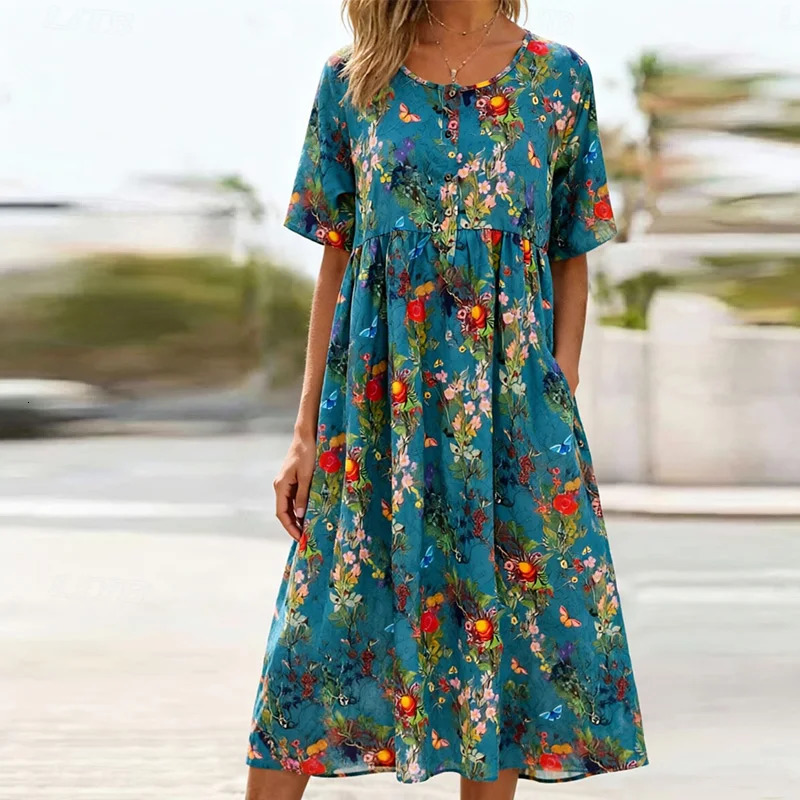 PlusSize Womens Printed Dress Round Neck Short Sleeves HalfButton Front Casual Vacation Midi with Pockets 260623