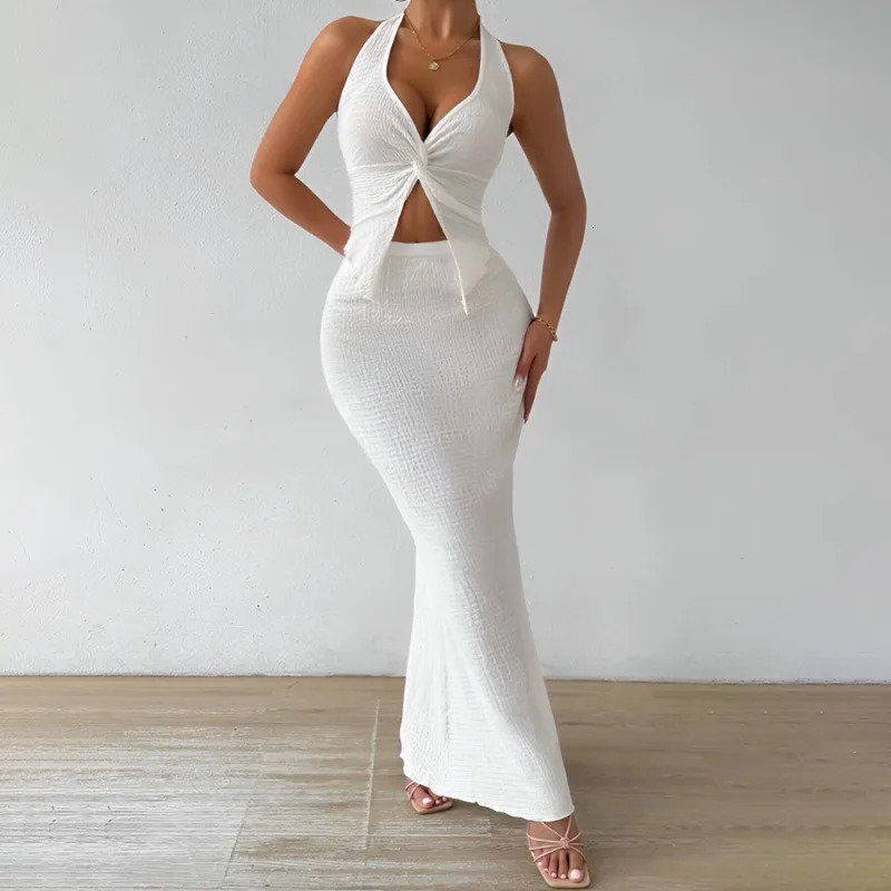 Tuularose White Long Skirt Two Piece Summer Sexy Twist Lace-up Vest Top Tight Long Skirt Set Elegant Female Long Dress Sets 260624