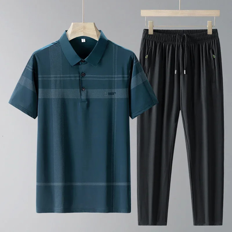Ice Silk POLO Shirt Mens Shortsleeved Twopiece Set Sports Casual Quickdrying Lapel Tshirt Trousers 260624