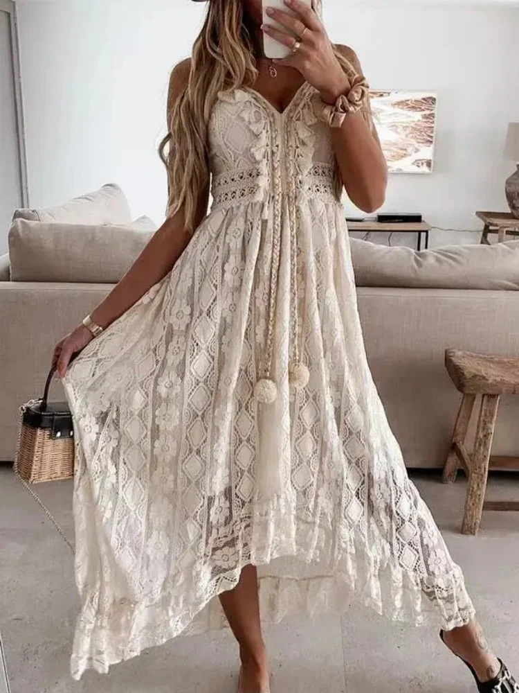 Summer Fashion Sexy Beach Vacation Long Dress Lace Sleeveless Women V Neck Hollow Out Elegant Loose Dresses 260624