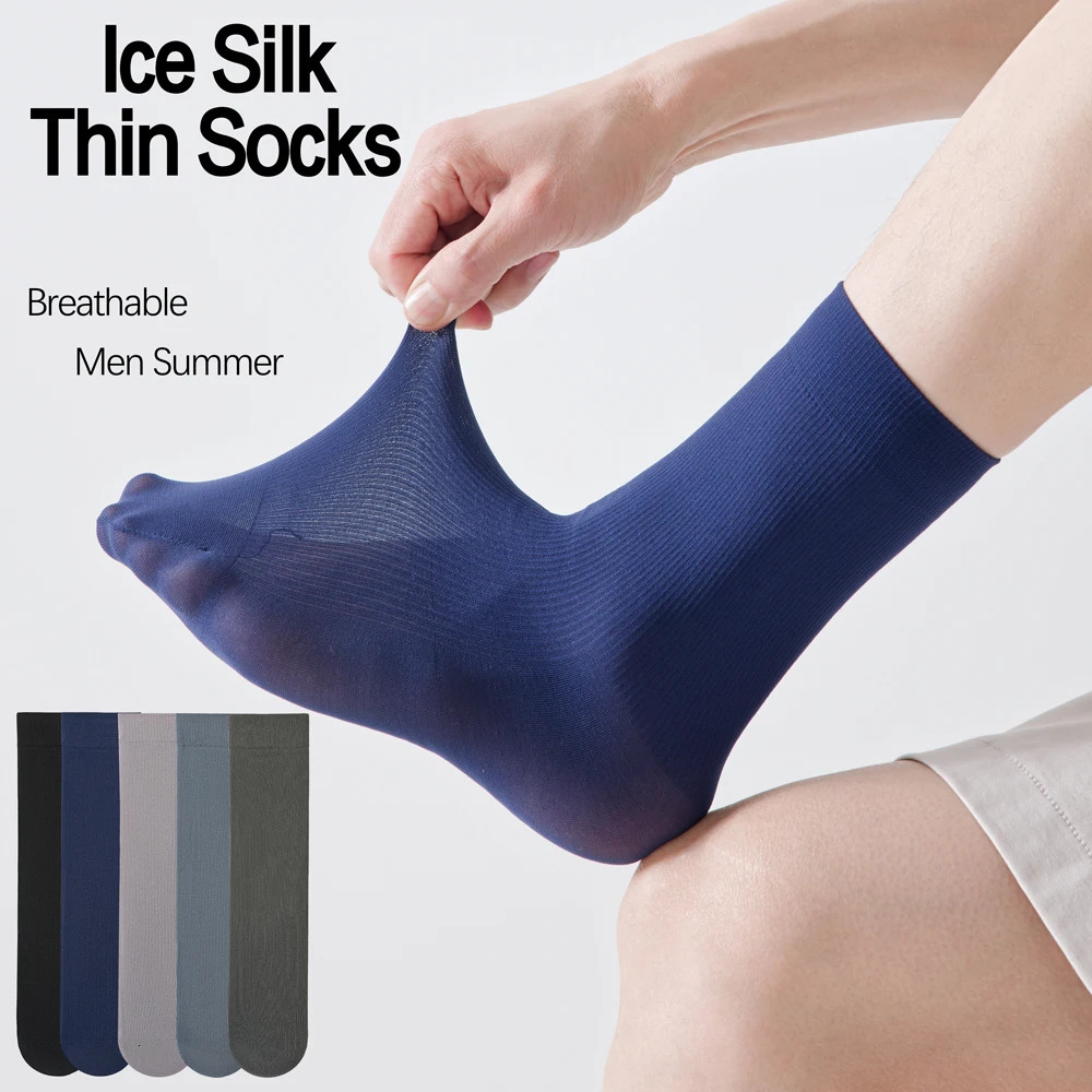 Mens Breathable Mesh Ice Silk Socks Summer Thin Anti Odor Moisture Wicking Solid Color Business Casual Mid Calf Socks 5Pairs 260624