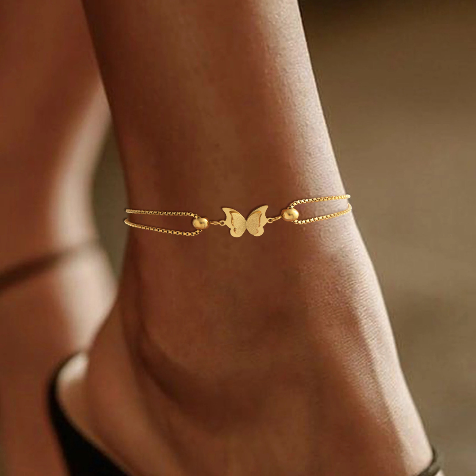 Frosted Butterfly Womens Vintage Beach Style Steel Plated 18k Gold Low Allergy Layered Jewelry Gift Feet Chain 260618