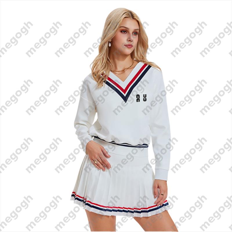 V Neck Striped Collar Long Sleeve Sweatshirt+High Waist Pleated Mini Skirt Woman 2 Piece Tennis Outfit Set Designer Clothes Women Preppy Sport Dress