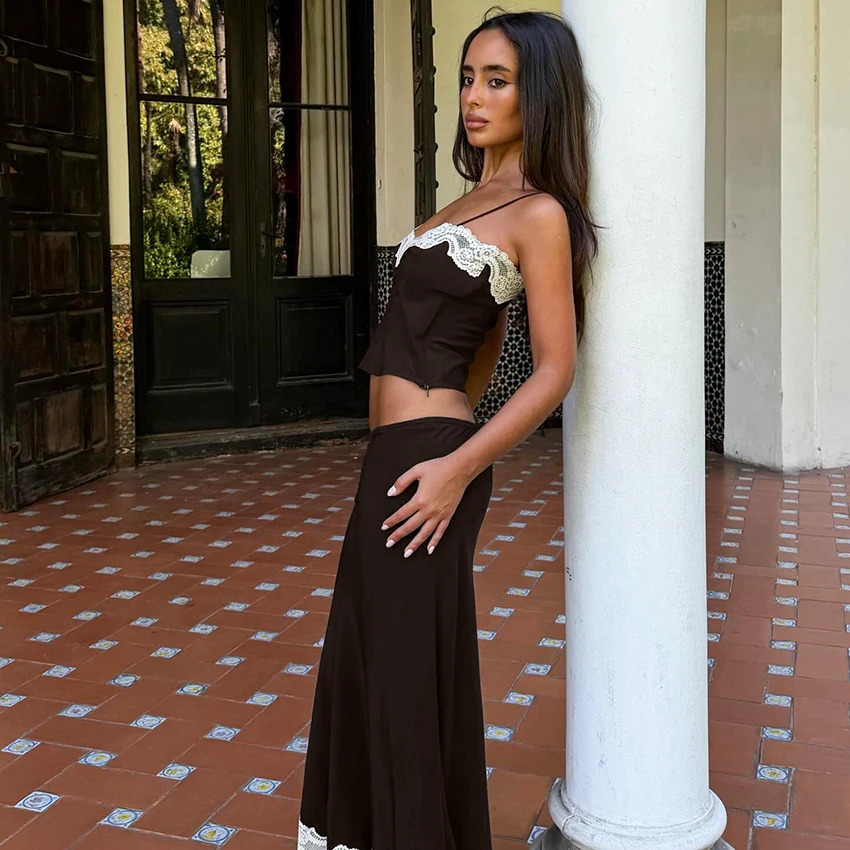 Linad Casual Lace Long Skirts Suits Sexy Crop Top SpaghettiStrap Vest With High Waist Skirt 2 Piece Sets Women 2026 Spring 260622