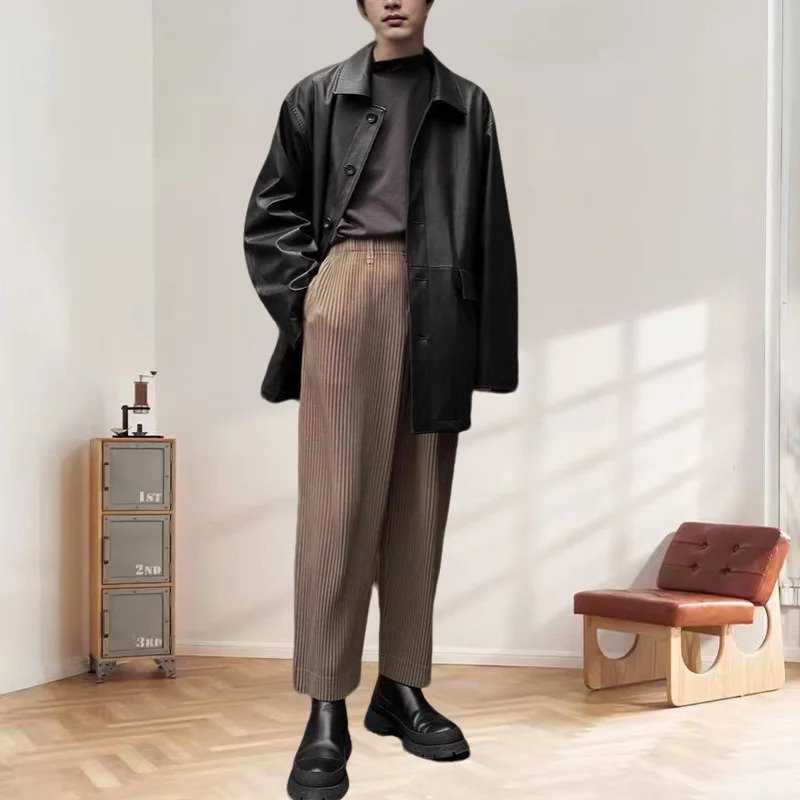 Miyake Pleated Pants Mens Draped Loose Fold Wide Leg Straight Pants Summer Pleat Casual Suit Pants Men Clothing 260622