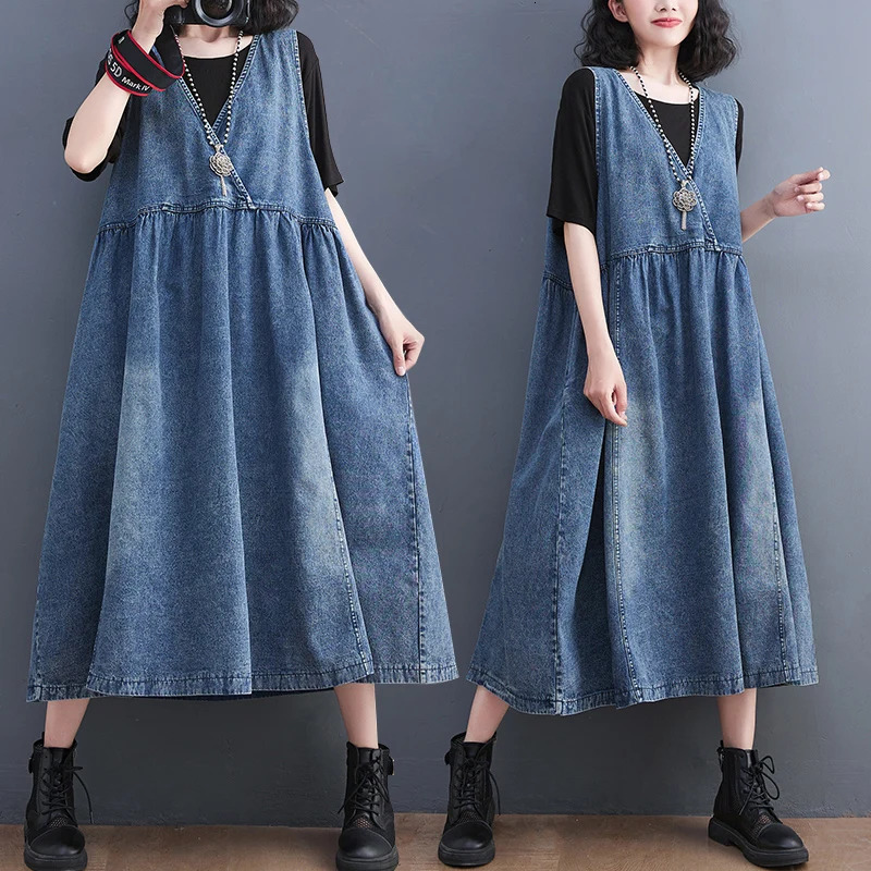 plus Size Womens Denim Dr Loose Fit Summer Faion High Waist A-Line Skirt ort Sve V-Ne Waed out Jeans Dr 260623