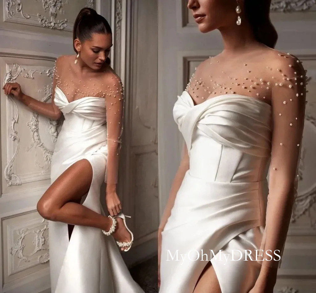 2026 Elegant Satin Pearls Mermaid Wedding Dresses Modern Pleated Sheer Neck Illusion Long Sleeves Bridal Gowns Boho Garden Sexy Split Bride Robes De