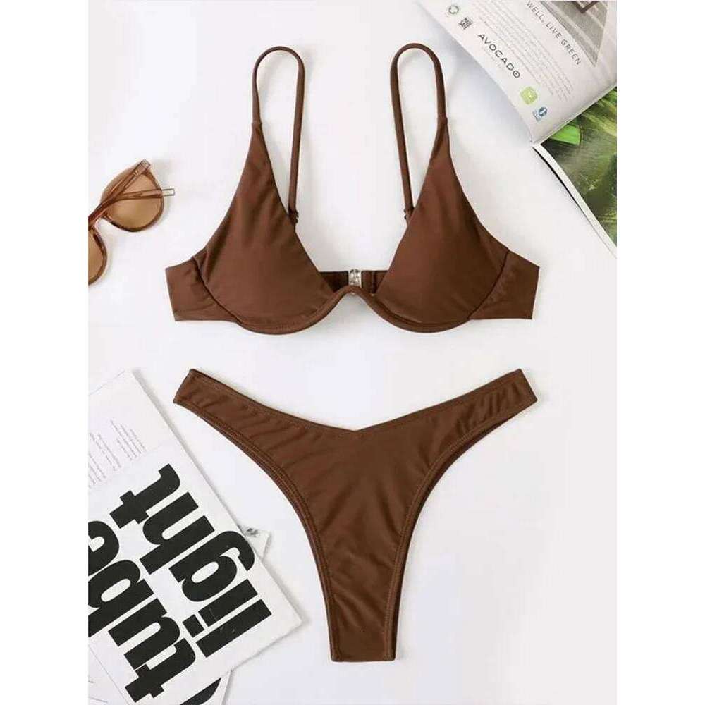 2026 Summer New Two Piece Women's Solid Color Sexy Bareback Split Swimsuit Bikini Set High Waist Beach Vacation W260624