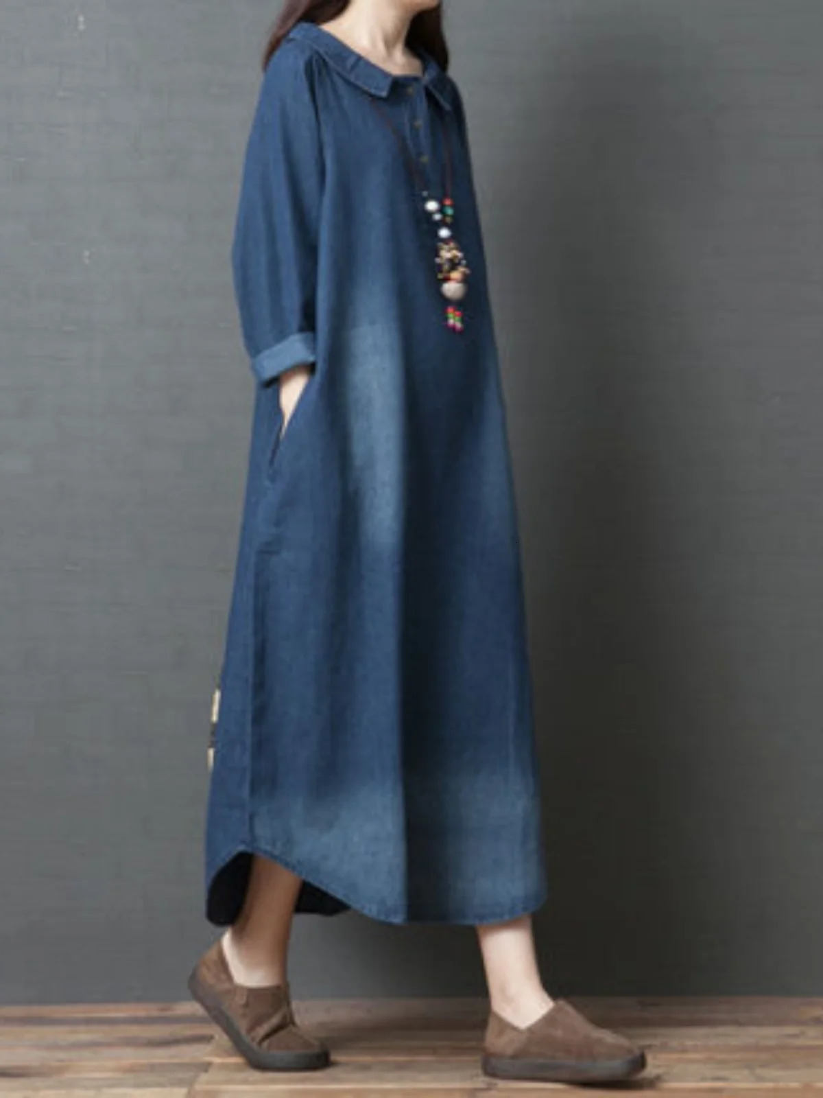 Womens Denim Dr Long Sve Loose Fit irt Sle Autumn Spring Faion plus Size Clothing Meat Concealing Slimming Skirt 260623