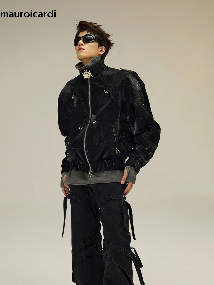 Mauroicardi Spring Autumn Cool Short Shiny Black Crocodile Print Pu Leather Jacket Men Y2K Streetwear Clothes 260622
