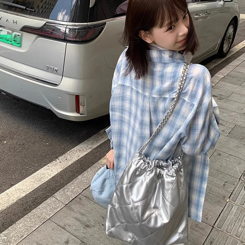 Blue Plaid Cotton Linen Shirt Jacket Womens Spring Autumn Lazy Style Sunscreen Top Loose Fit Long Sleeve POLO Collar Button up 260623