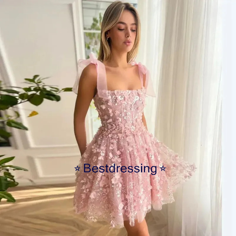 Principessa rosa corto abiti da ballo formali 2026 cinghie 3D fiore pizzo ricamo tulle abiti da festa per ritorno a casa spettacolo compleanno abito