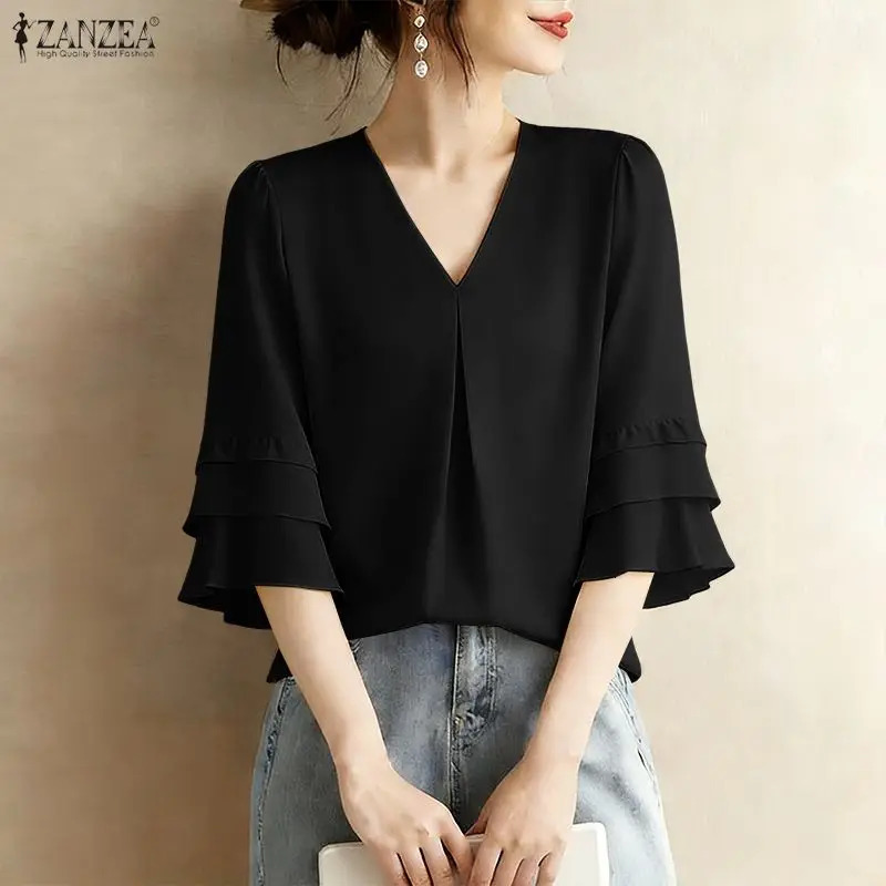 2026 ZANZEA Women Summer OL Work Blouse Elegant V Neck 34 Ruffled Sleeve Shirt Stylish Casual Holiday Tops Solid Blusas Tunic 260623