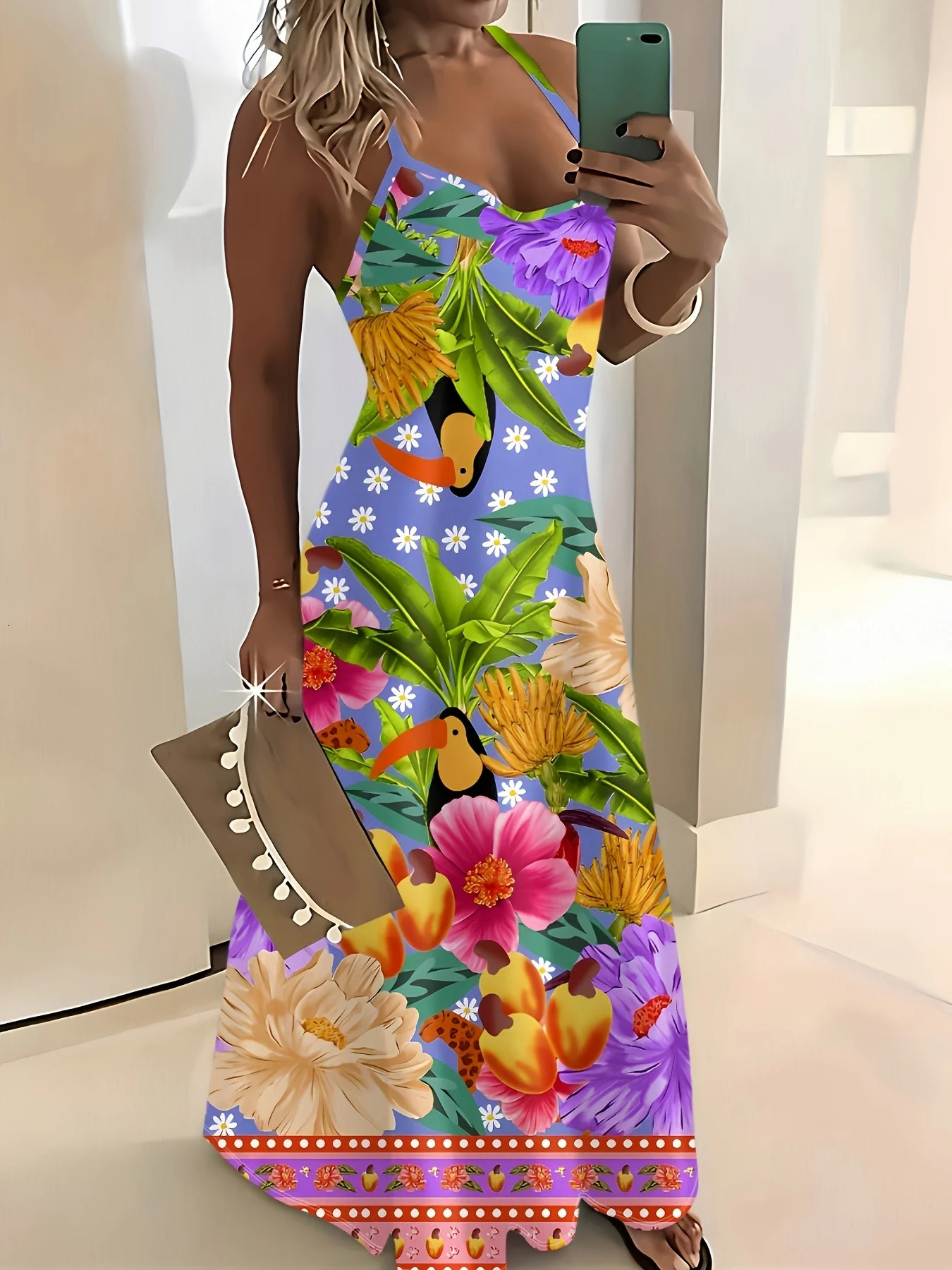 Tropical Floral Palm Leaf Print Sleeveless Summer Dress for Women Boho Style Maxi Casual Beach Party Outfit 2024 260613banjia