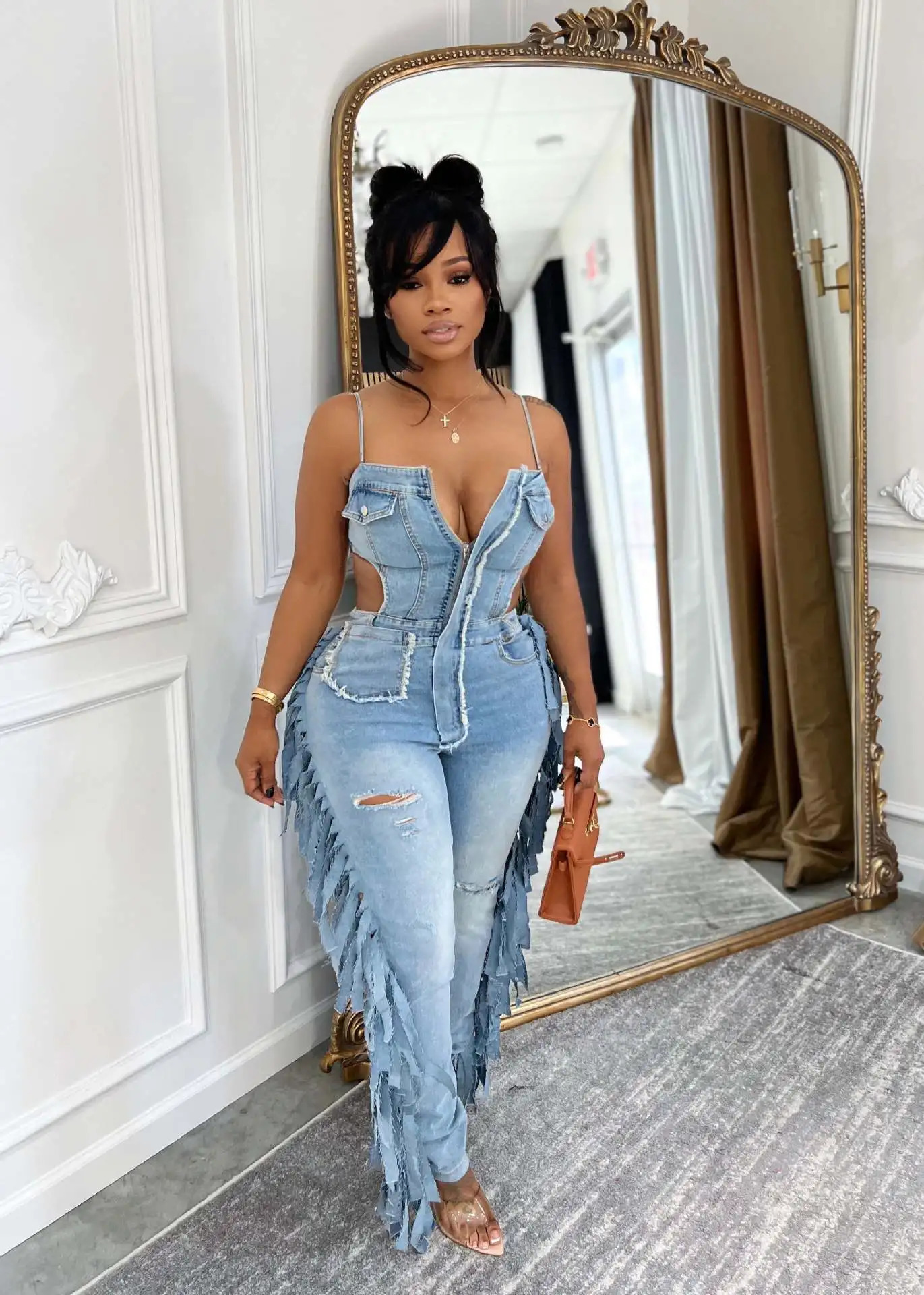 Hollow Out Tassel Jeans Jumpsuit Sexy Women Spaghetti Strap Elegant Streetwear Denim Pencil Overalls Romper 260623