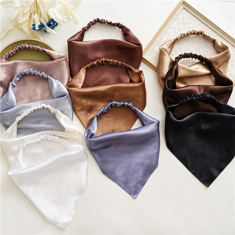 Summer Women Solid Color Hair Scarf Vintage Triangle Bandanas Satin Elastic Hairbands Children Girl Headbands Accessories 260623
