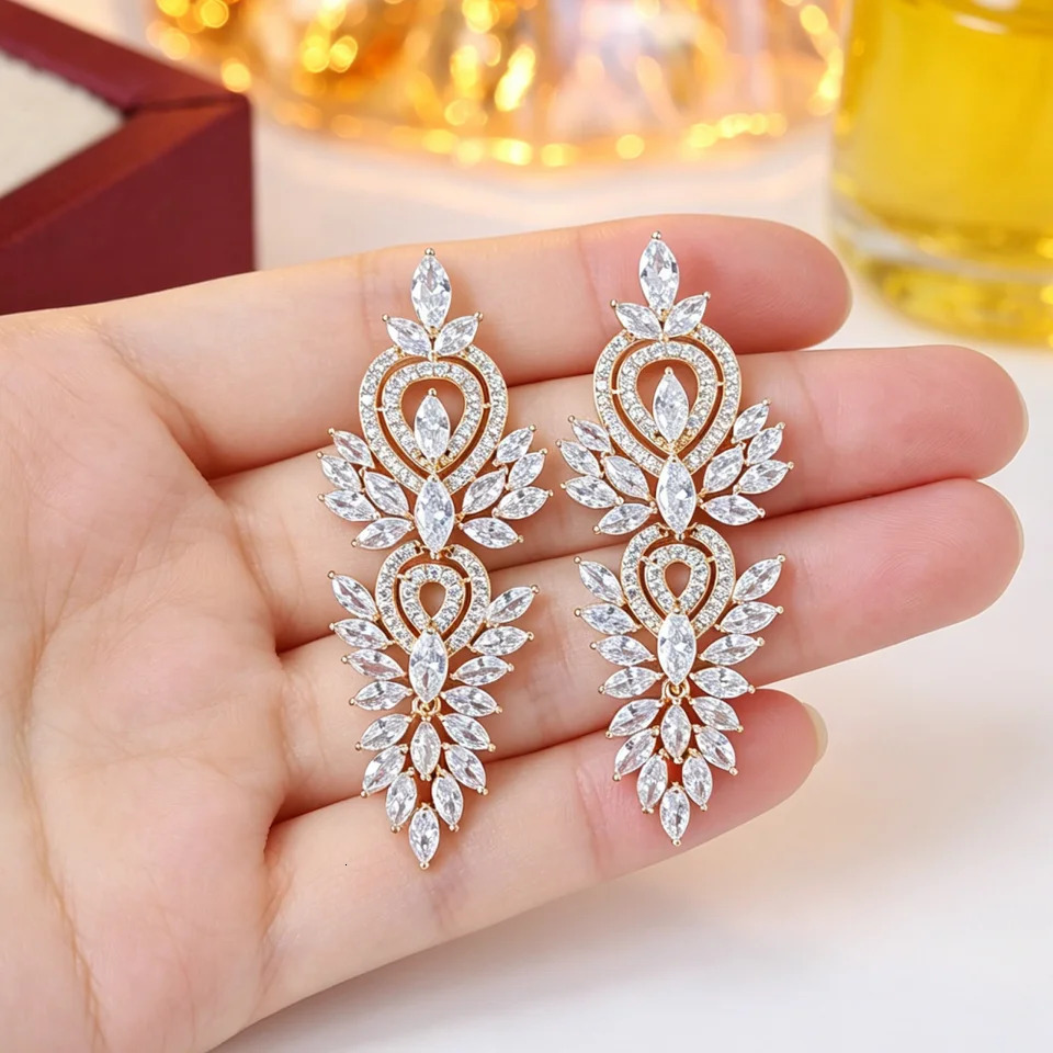 Pendientes colgantes largos de circonita marquesa de hoja, Circonia cúbica brillante, accesorios de joyería para fiesta y boda para mujer 260623